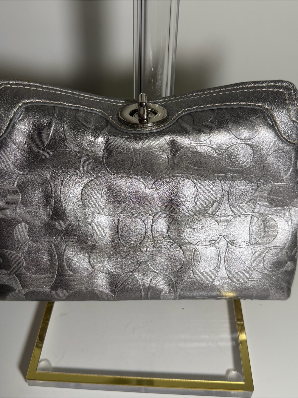 Coach Metallic Silver Signature Clutch Wristlet NWT